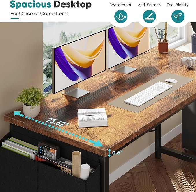 OLIXIS Computer Desk, 63 Inch Gaming Desks for Home Office Small Spaces | Writing Study Craft Work Table, Computer Workstation for Bedroom with Storage Bag, Rustic Brown