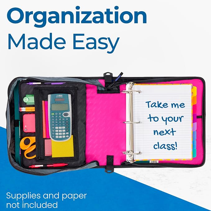 Case-it School Zipper Binder | 3-Inch O-Rings | 600-Sheet | D-146 Magenta | Mighty Zip Tab, 5-Subject Expanding File Folder, Multiple Pockets, Storage Organizer, Shoulder Strap, Office