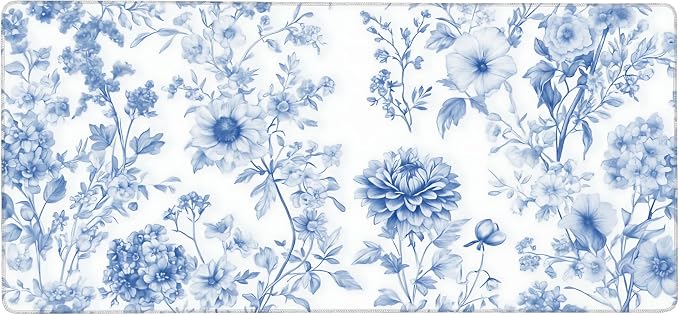 Floral Aesthetic Dahlia Gaming Mouse Pad, White Blue Chinoiserie Desk Mat with Anti-Slip Base & Stitched Edges,35.4" x 15.7" in Table Mat for Computer Desktop, Beautiful Workstation Decor