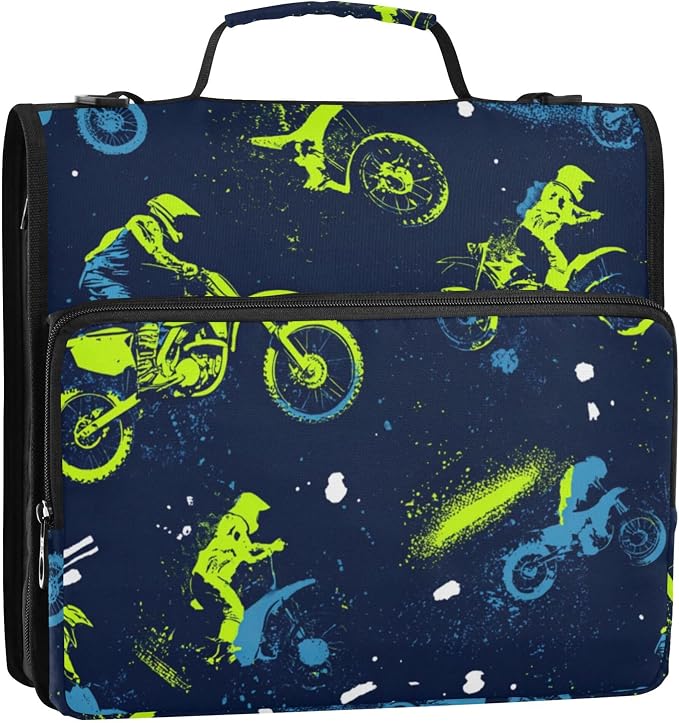 Fisyme Vintage Motocross Dirt Bike Zipper Binder 3 Ring with Zipper and Shoulder Strap Large Capacity Multi-Pocket Binder Organizer