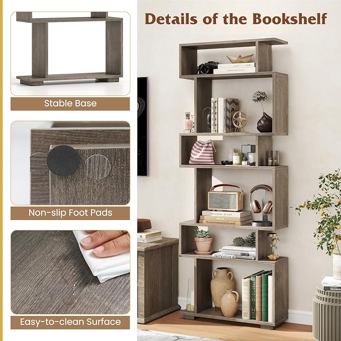 Tangkula 6-Tier S-Shaped Bookshelf, 64" Freestanding Geometric Bookcase, Home Office Wood Storage Shelf with Anti-Toppling Device, Room Divider Display Rack for Study Living Room (2, Grey Oak)