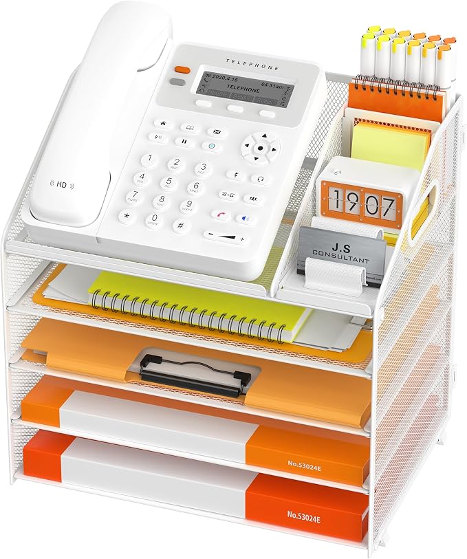 DocNest 5 Tier Metal Mesh Desk File Organizer with Phone Shelf, White | Desktop letter tray sorter features a 9.1x9.1 inch top phone holder, built-in sticky note compartment and pen holder