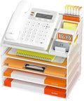 DocNest 5 Tier Metal Mesh Desk File Organizer with Phone Shelf, White | Desktop letter tray sorter features a 9.1x9.1 inch top phone holder, built-in sticky note compartment and pen holder