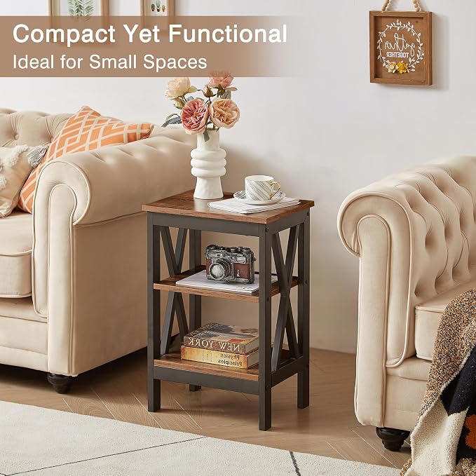 VECELO End Table Set of 2, Bedside Table, 24" Tall Living Room End Tables, X-Design Reinforced Nightstands, Side Table with 3-Tier Storage Shelves for Small Spaces, Office, Bathroom, Bedroom, Brown