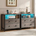 27" LED Nightstand Set 2 with Charging Station, 2 Drawers, Gray | RGB App Control, 2 AC Outlets & 2 USB Ports, Open Storage, Adjustable Feet, Wood Tall Nightstand for Bedroom or Office