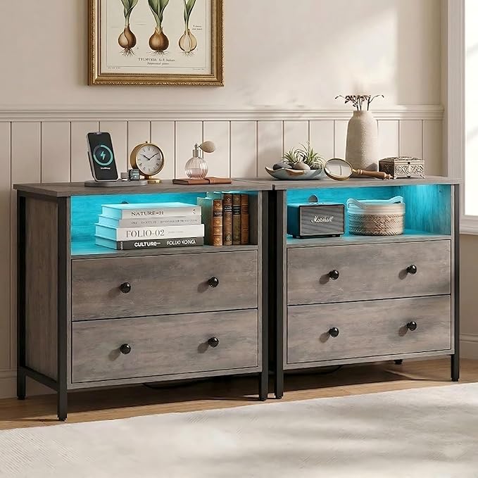 27" LED Nightstand Set 2 with Charging Station, 2 Drawers, Gray | RGB App Control, 2 AC Outlets & 2 USB Ports, Open Storage, Adjustable Feet, Wood Tall Nightstand for Bedroom or Office