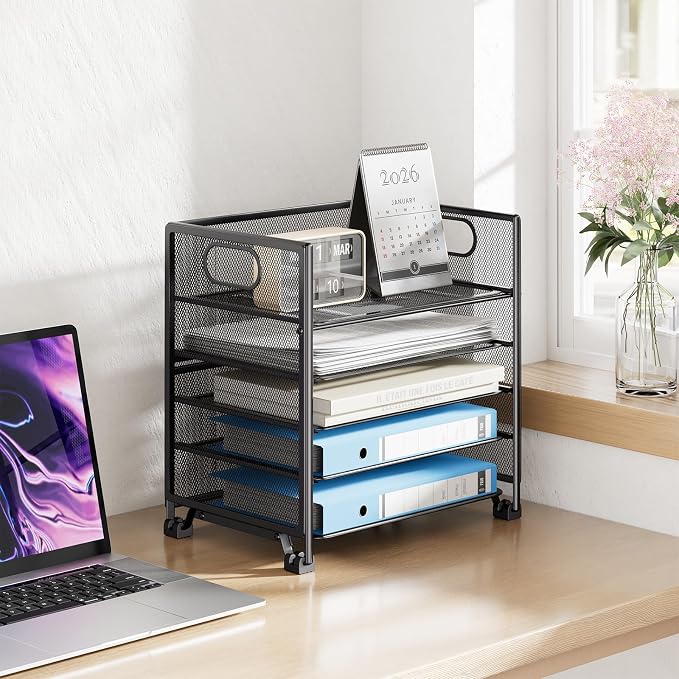 Simple Trending 5-Tier Paper Tray Organizer, File Organizer for Desk, Black | Letter Tray Holder with Handle. Sturdy Metal Frame. Non-slip Feet. Black for Office Home School. 13"L x 9"W x 13"H
