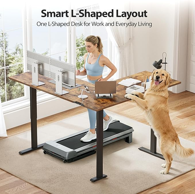 Agilestic 63 x 55 Inch L Shaped Electric Standing Desk, Vintage Brown | Corner Desk, Ample Workspace, Memory Presets, Hooks, Stable Steel Frame,176 lbs Capacity, Easy Assembly, Splice Board
