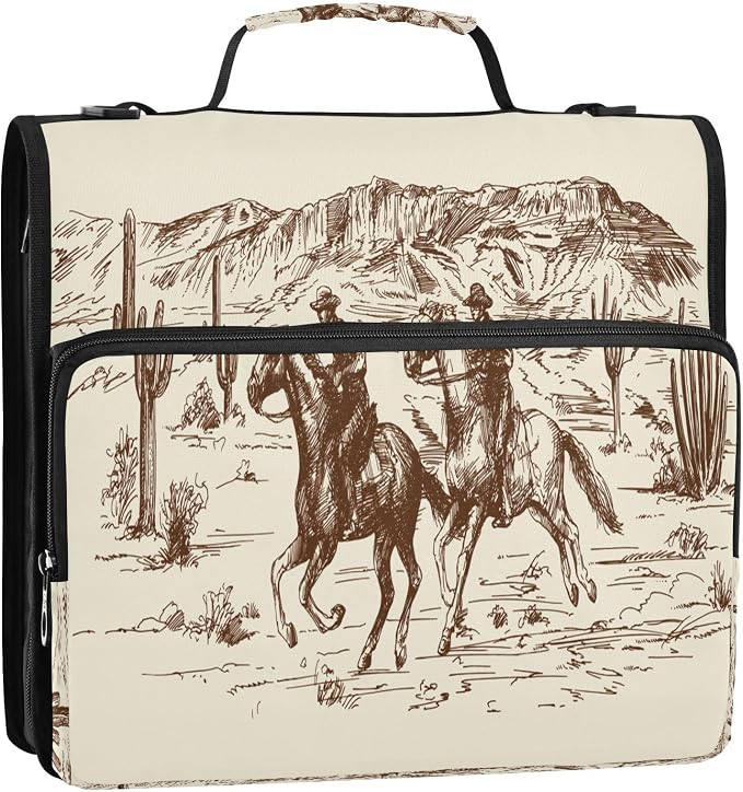 Western Cowboys Print Zipper Binder Bag 3 Ring with Shoulder Strap & Handle Multi Pocket Binder Organizer Bag Large Capacity for School Office Supplies