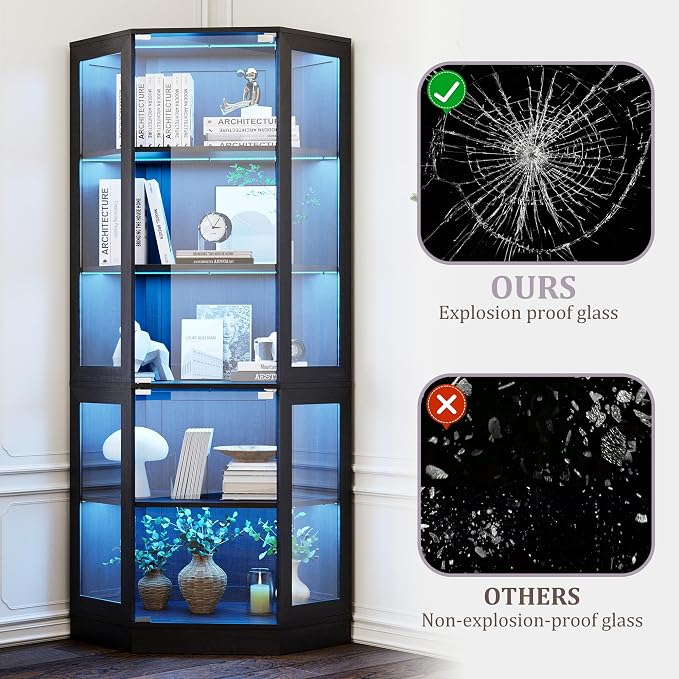 Corner Display Cabinet with Glass Doors, 5-Tier Curio Cabinets with RGB Lights, 71" Display Case with Wood Shelves for Collectibles, Black