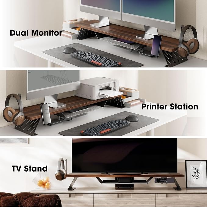 Fenge Dual Monitor Stand, Wooden Desk Shelf with Headphone & Phone Holder | 42.5" Monitor Riser with Storage Shelf, 2-Tier Monitor Shelf with Metal Leg for Home Office Organizer, Brown