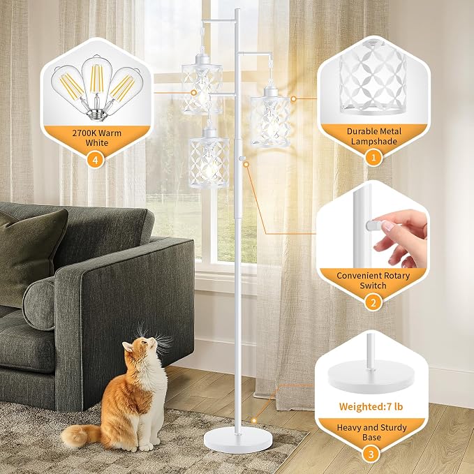 Dimmable Floor Lamp, Farmhouse Standing Lamp with Elegant Metal Cage, Industrial Tall Tree Floor Lamps for Living Room Bedroom Study Room Office, 3 x 800LM LED Bulbs Included - 72", White