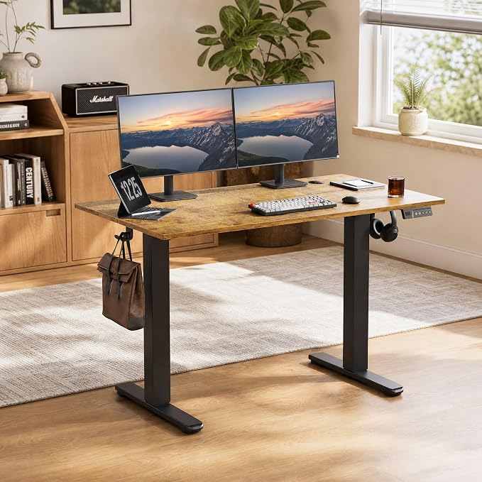 Claiks Electric Height Adjustable Standing Desk, 55x24 Inch, Rustic Brown | Smooth Height Adjustment, 3 Memory Presets, Cable management hub & hook, Stable Steel Frame, 156 lbs Capacity, Easy Assembly