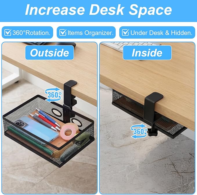 Under Desk Storage Organizer 360 Degree Rotating Under Drawer with Large Mesh Basket Clamp on Desk Drawer for Office Home Workspace Black