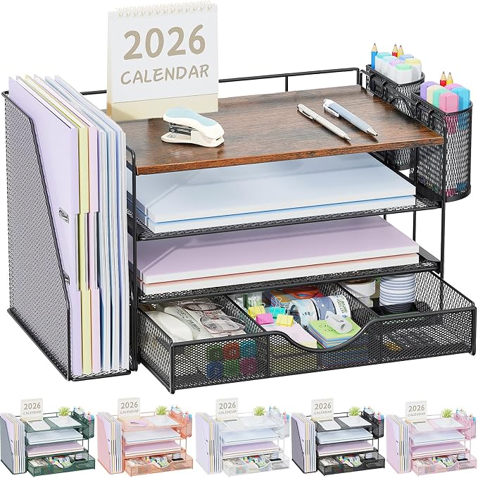 gianotter Desk Organizers and Accessories with File Holder, 4-Tier Desk Accessories & Workspace Organizers with Drawer and 2 Pen Holder, Paper Organizer for Office Supplies (Wood)