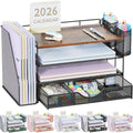 gianotter Desk Organizers and Accessories with File Holder, 4-Tier Desk Accessories & Workspace Organizers with Drawer and 2 Pen Holder, Paper Organizer for Office Supplies (Wood)