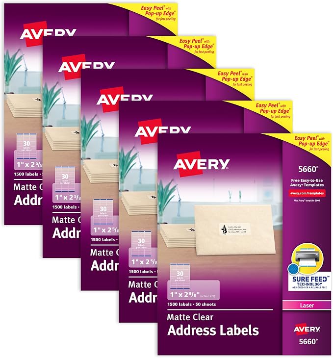 Avery Printable Address Labels, Sure Feed Technology, 1" x 2-5/8", Matte Clear, Laser Printable, 1,500 Blank Labels per Pack, Great for Mailing, Branding, and More (5-Pack of 5660)