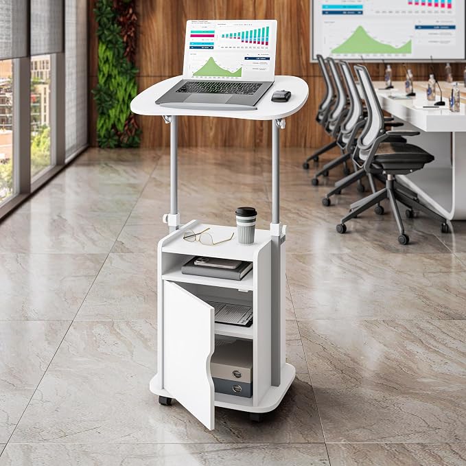Techni Mobili Adjustable Laptop Cart w/Storage, Rolling Mobile Desk, White | Adjustable laptop cart with storage cabinet, shelf, locking wheels, sit‑stand height for home office, bedside, classroom