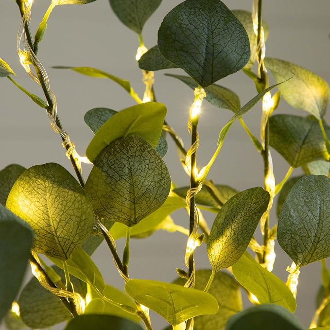 Nearly Natural 4-FT Lighted Artificial Eucalyptus Tree, Faux Eucalyptus Tree in Green for Home & Office Décor with Square Base Stand, 240 Warm White LED Lights