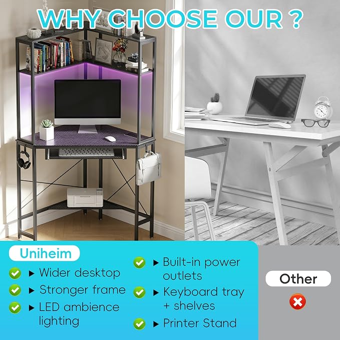 Corner Desk with Hutch and LED Light, Keyboard Tray, Carbon Black