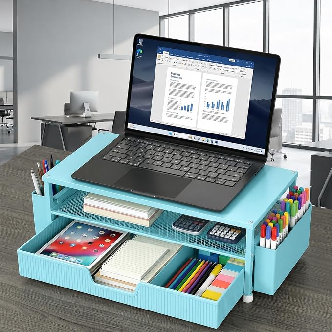 ECOLOVI Desk Organizer and Accessories, 2-Tier Computer Monitor Stand Rise with Storage Drawer & 2 Pen Holders, Laptop & Printer Stand for Desktop, Workspace Organizers for Office Supplies (Blue)