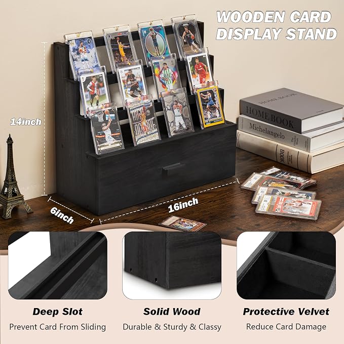 Emfogo Trading Card Display, 3-Tier Card Display Case with Custom Drawer, Wood Graded Card Display with Supporters and Dividers, Sports Card Display Case for Collection (Black)