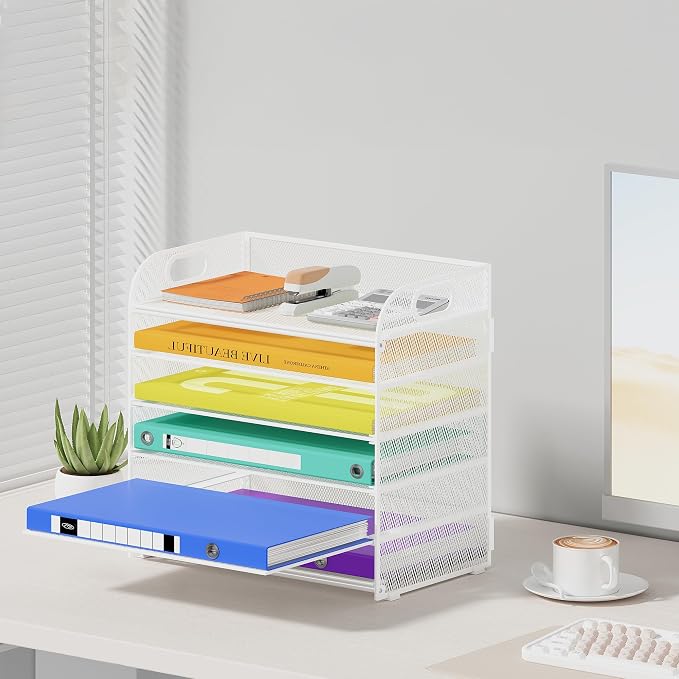 Cawukege 6 Tier Paper Organizer with Handle, Metal Desk Organizer Mesh Paper Letter Tray Desktop File Folder Document Sorter for Classroom, School, Office Accessories Storage (1, 6 Tier - White)
