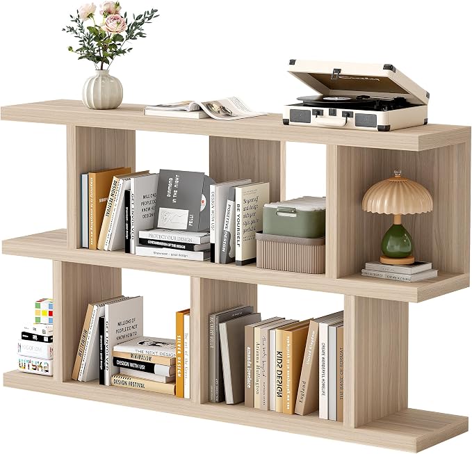 TIQLAB 47" Book Shelf Horizontal, Open Bookcase with Storage, Light Walnut | horizontal bookshelf with 3 open storage shelves, for bedroom office or living room, low bookcase, display rack shelving unit