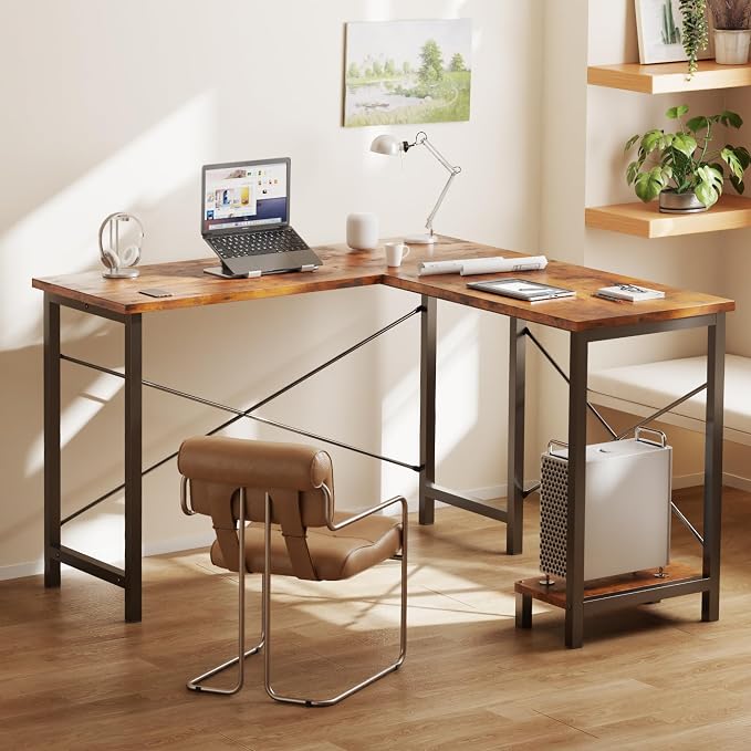 DUMOS 50-Inch Reversible L Shaped Desk with CPU Shelf, Brown | Computer Desk with Sturdy Metal Frame, Corner Gaming Desk, Home Office Desk for Study, Writing and Work, Sturdy Modern Design