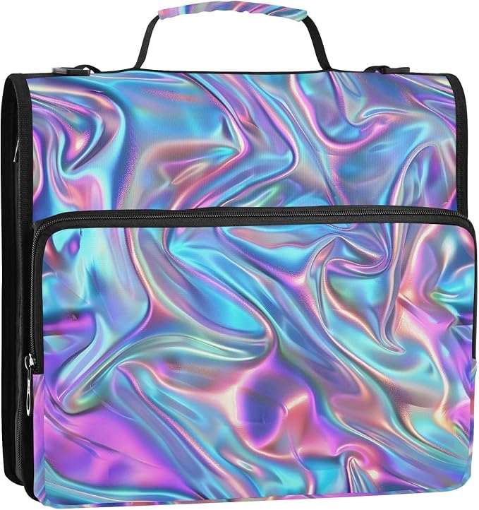 Metallic Liquid Painting Rainbow 3 Ring Binder Bag 1.5 inch Binder Organizer with Zipper Shoulder Strap 500 Sheet Documents Storage for School Office