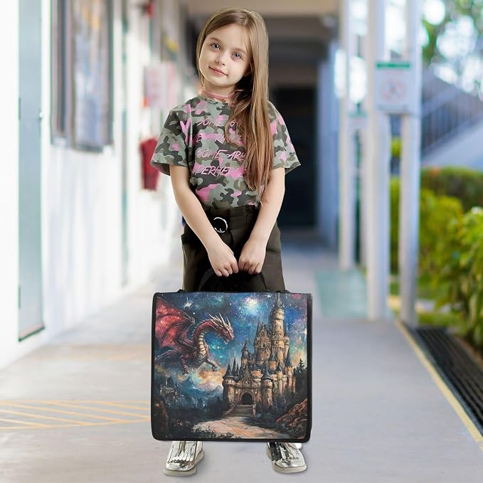 3 Ring Zipper Binder Dragon Castle Binder Organizer Portfolio with File and Shoulder Strap & Handle Large Capacity File Folder