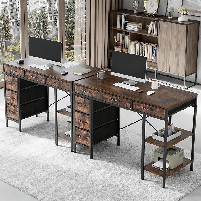 Simple Deluxe Computer Desk with 6 Drawers, 55 Inch Office Workstation with Storage Shelves, Reversible Corner Gaming Table, Home Office Study Desk with Fabric Organizer, Rustic Brown