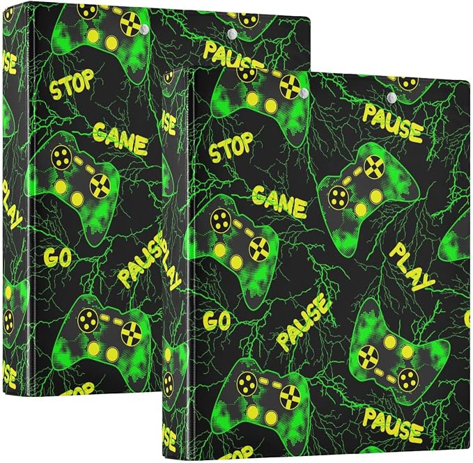 Bright Green Game Controller Gamer Binder 3 Ring 1.5 Inch Binder with Clipboard&Pockets, Hardcover Binders Heavy Duty Large File Folder for Office School Supplies - Holds 200 Sheets,2 PC