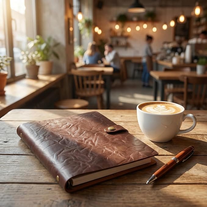 Refillable A5 Leather Binder Journal Soft Cover Notebook, Vintage Crinkled Leather Organizer with 6 Ring Binder, 148 Lined Loose Leaf Pages, Pen Holder, Pocket & Card Slots, for Work Study Daily, Coffee