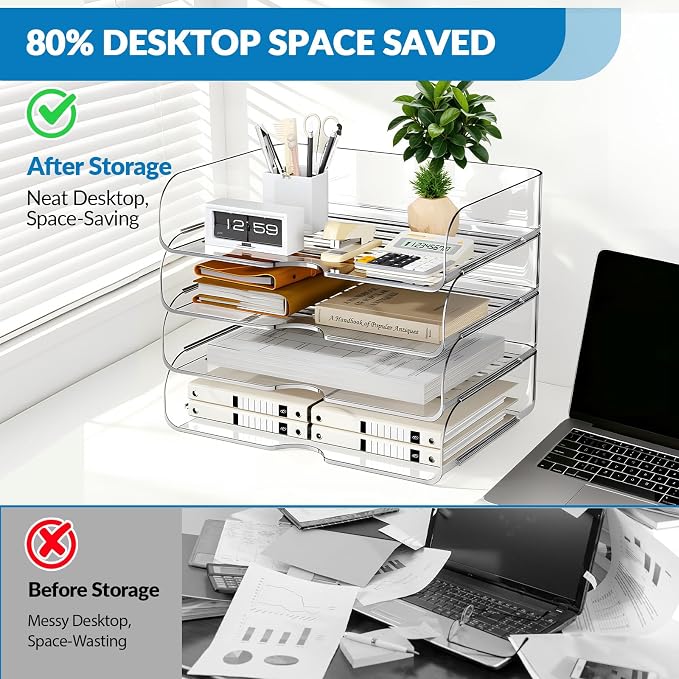 4-Tier Horizontal Acrylic Paper Organizer for A4/Letter Documents | Large Capacity Acrylic File Organizer for Notebooks & Stationery, Sturdy Desk Accessory Suitable for Office, Home and Study