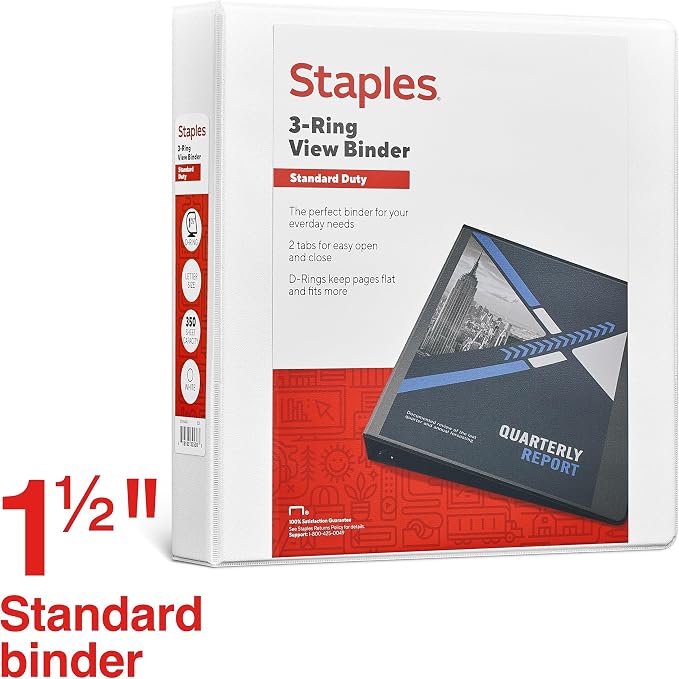 Staples 1 1/2" 3-Ring View Binder, D-Ring, White, 4/Pack