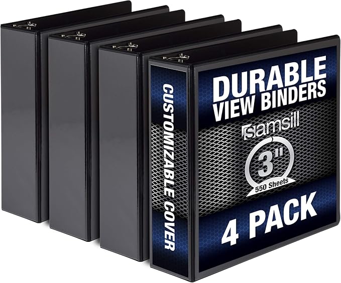 Samsill 4 Pack Durable 2 Inch 3 Ring Binders, Round Ring, Clear View Cover for Presentations, Black