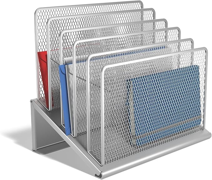 TRU RED Wire Mesh File Organizer, 5‑Compartment, Silver, 2‑Pack – Vertical Desktop Sorter for Files, Folders & Mail