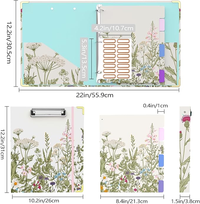 3 Ring Binder 1 Inch Round Ring Binder with 6 Tab Dividers，2 Interior Pockets，Cute Binder Clipboard with Storage, for School Office, Portfolio(Garden Flowers)