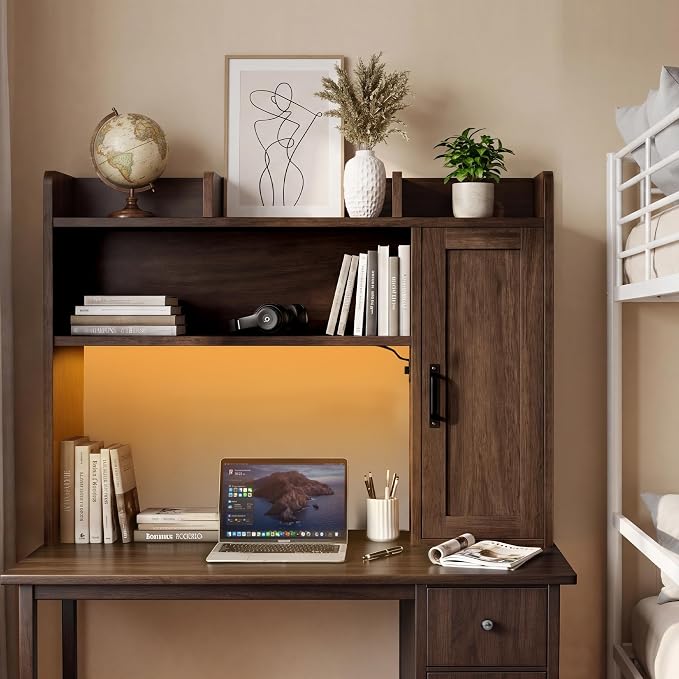 Desktop Bookshelf, Desk Hutch with RGB LED Lights & Power Outlets | 37" Desk Hutch Organizer with Storage Cabinet Desktop Storage Shelf for 27" Monitor, Tabletop Bookcase for Dorm Office Home