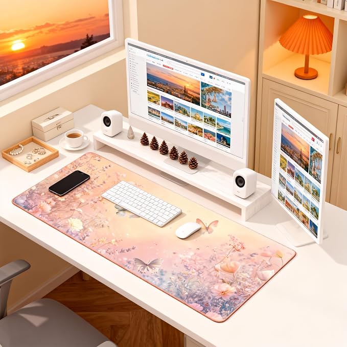 Cute Floral Aesthetic Wildflower Gaming Mouse Pad, Pink Macaron Desk Mat with Anti-Slip Base & Stitched Edges,35.4" x 15.7" in Desk Accessories for Women, Home Office Decor & Artistic Gift