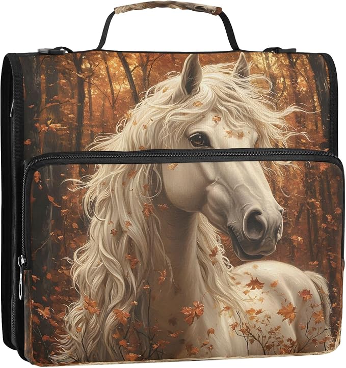ALAZA Zipper Binder 3 Ring White Horse in The Forest Binder Organizer with Zipper and Shoulder Strap Large Capacity Multi-Pocket Trapper Keeper File Folder for Office Supplies