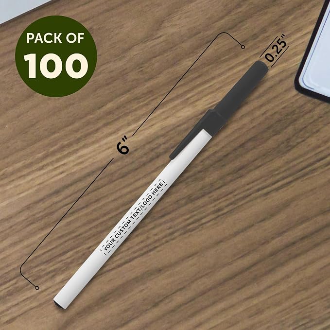 DISCOUNT PROMOS Custom Value Stick Pens Set of 100, Personalized Bulk Pack - Blue Ink, Great for Office, School, Business, Tradeshows, Events - Black Cap