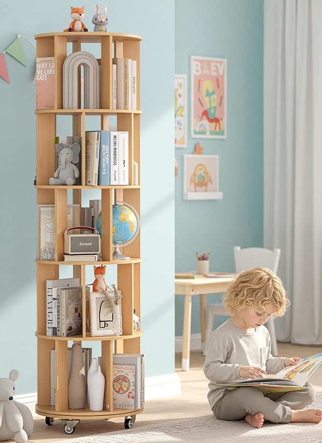 5 Tier Rotating Bookshelf 360 ° Rotating Bookshelf Tower Wood Revolving Bookcase Tall Narrow Spinning Book Shelf Tower with Storage and Sturdy Construction for Bedroom, Living Room, Office(Wood)