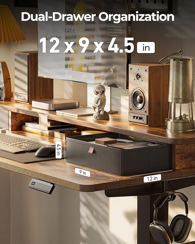 48x24 Inch Electric Standing Desk with Double Drawers, Adjustable Feet & Hooks, Ergonomic Home Office Workstation, Brown
