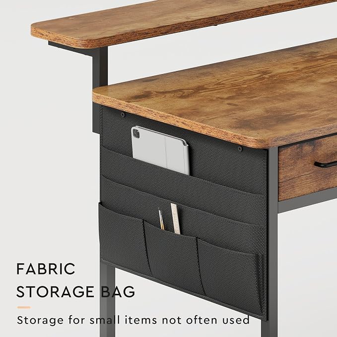 Small Desk with Drawers, 31.5X15.8-22.9 Inches Office Computer Desk with Side Pocket & Ergonomic Monitor Stand, Writing Table for Small Spaces, Bedroom, Kids Desk, Vanity Desk, Rustic Brown