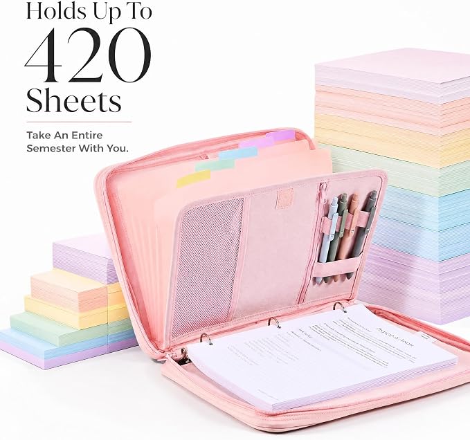 Sturdy 3 Ring Zipper Binder with Strap for School - Beautiful 1 Inch Zip Up Binder with 5-Tab Dividers Holds 420 Sheets, Books & Laptop - Easy to Carry Trapper Keeper Made of Premium Fabrics