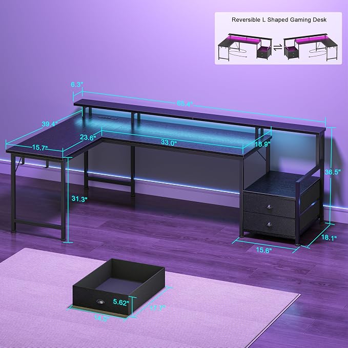 Korfile 66'' L Shaped Gaming Desk with Drawers and Storage Shelves, Reversible Corner Desk with Power Outlets and Host Stand, Large Computer Desk with Led Lights for Gaming, Work, Home Office, Black | Large Black Computer Desk with Host Stand, Reversib...