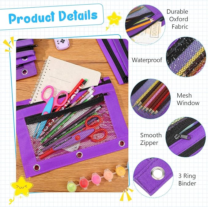 Zhehao 20 Pcs Pencil Pouch 10.24 x 7.28 Inch 3 Ring Binder Zipper Pouches Pencil Bags with Mesh Window Binder Pencil Case for Office School Students Supplies (Purple)