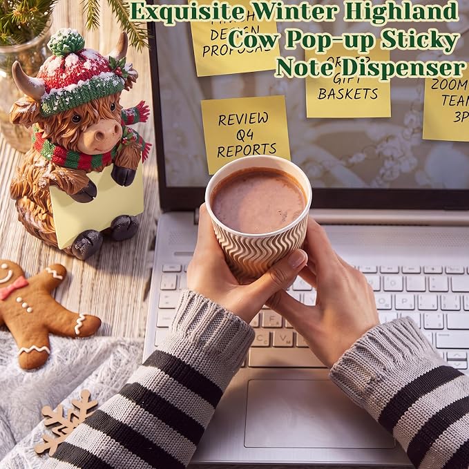 Thenshop Christmas Highland Cow Pop up Sticky Note Dispenser with 100 Sheet | Christmas Sticky Note Holder, Highland Cow Desk Accessories, Resin, Red Green Scarf Hat, Back to School Classroom, 3 x 3 Inch